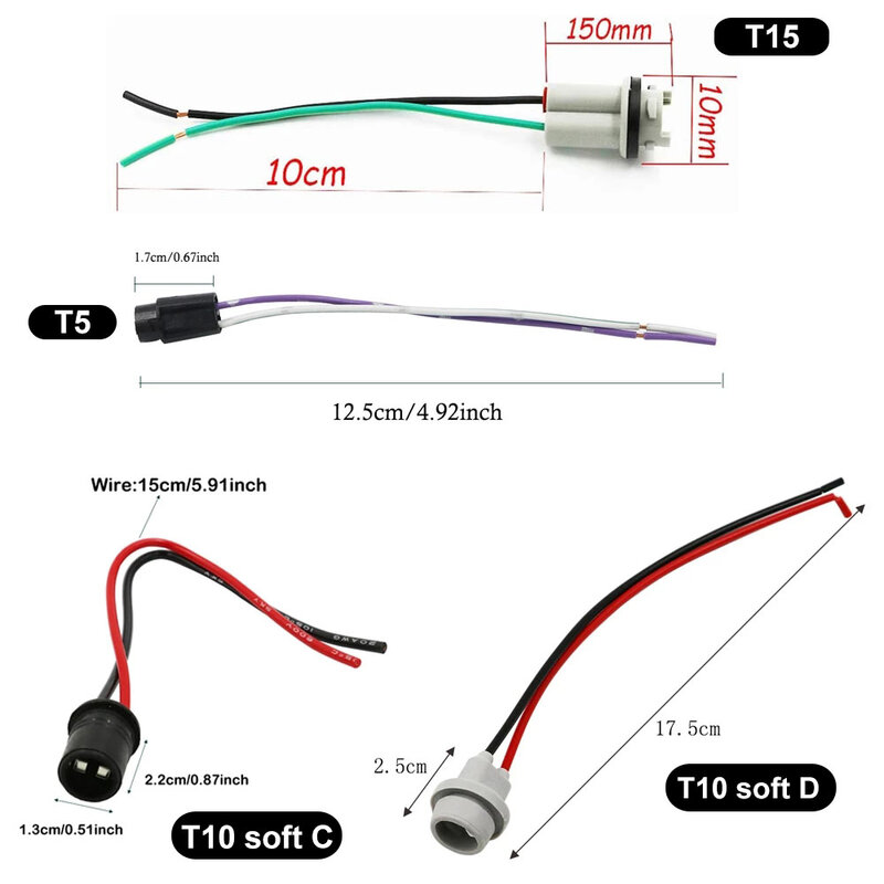 1 buah kabel adaptor dudukan bohlam lembut T10 W5W T5 T15 soket konektor bohlam LED soket dasar Wedge kabel ekstensi tali pengikat