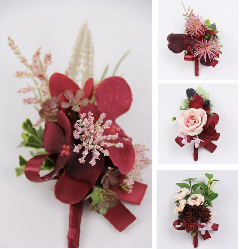 Boutonniere And Wrist Corsag Business Celebration Opening Guests for Burgundy Red and Pink Wedding Supplies 216