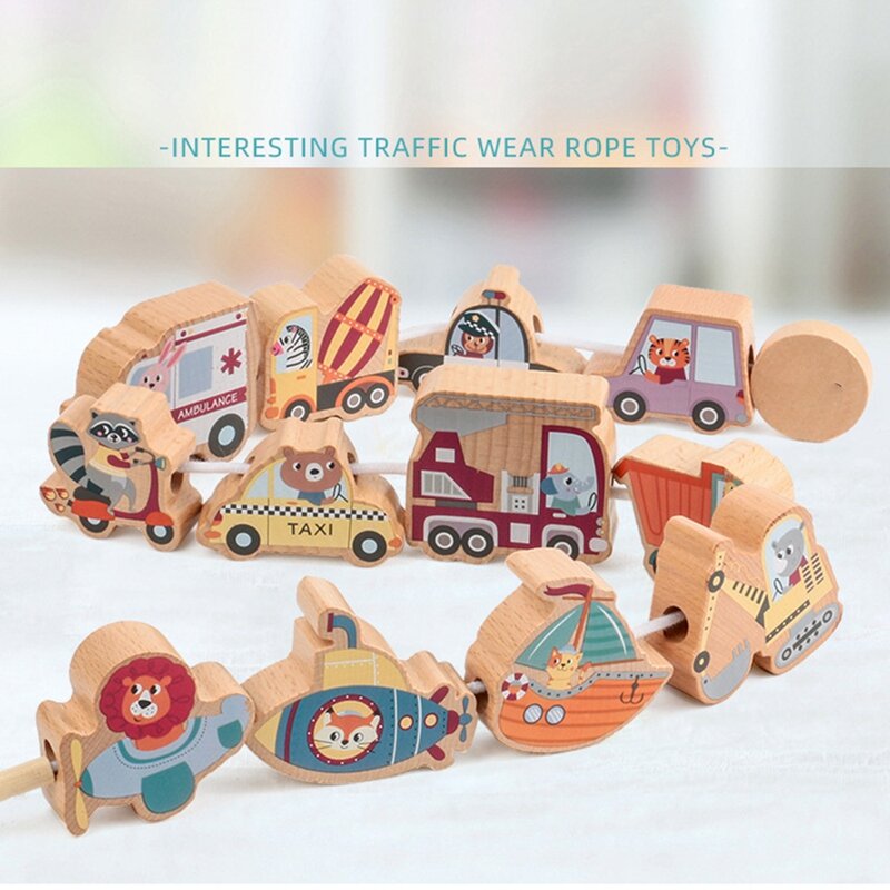 Kids Wooden Educational Toys Shape Color Sorting Stacking Blocks Puzzles Traffic Wear Rope Toys For Fine Motor Skills
