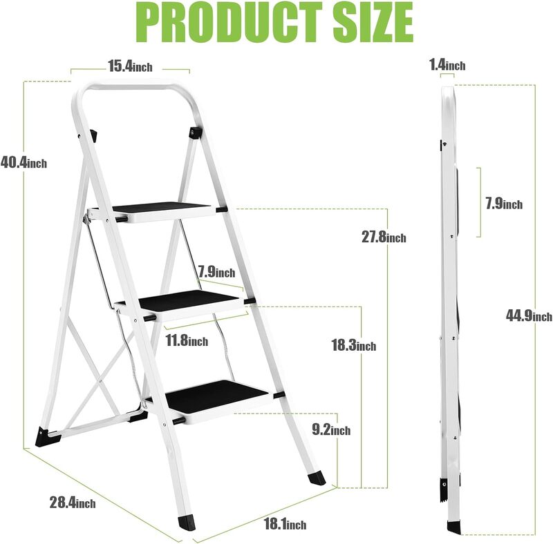 Soctone 3 Step Ladder, Lightweight Folding Step Stools for Adults with Anti-Slip Pedal, Portable Sturdy Steel Ladder Handrails