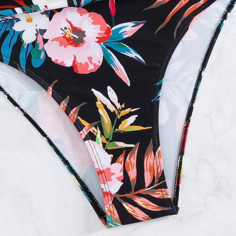 Women's Sexy Bikini Suit, Black with Flower Printed Swimwears, Swimsuit