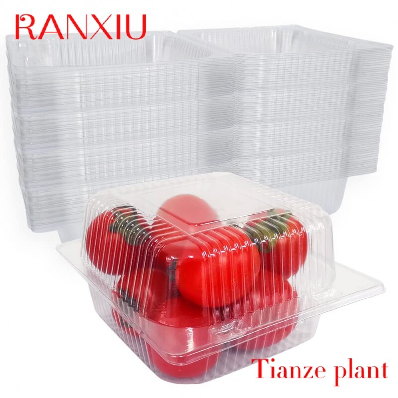 Contenedor de comida transparente personalizado, caja de embalaje de plástico desechable PET, concha de almeja, fruta, verdura, uva, lichi, cereza