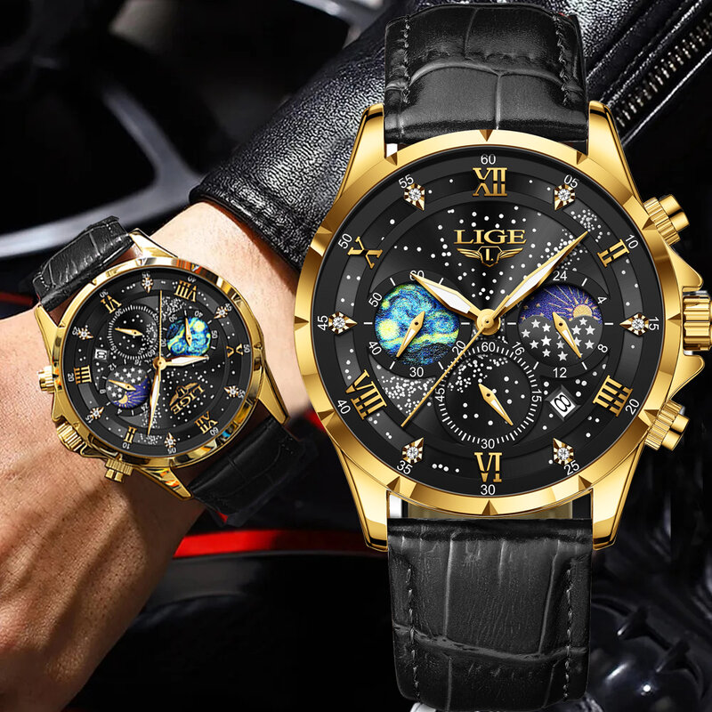 LIGE Top luksusowy modny kwarcowe zegarki męskie skórzany klasyczny zegarek z datownikiem chronografem dla mężczyzn wodoodporny duży męski zegar