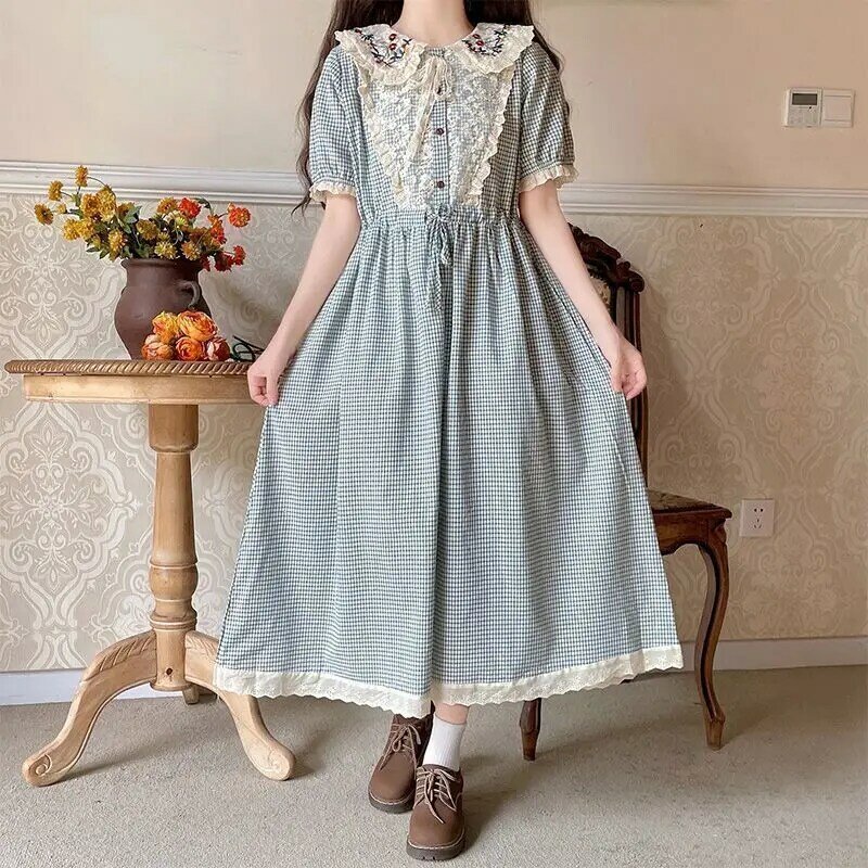 Mori Girl Style Sweet Cute Doll Collar Plaid Dress Women Summer Vintage Lace Embroidery A-Line  Aesthetic Long Dresses Vestidos