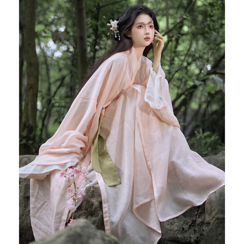 Abbigliamento Han da donna rosa antico Costume colletto incrociato giacca in vita e vestito tradizionale gonna fata flusso con maniche larghe