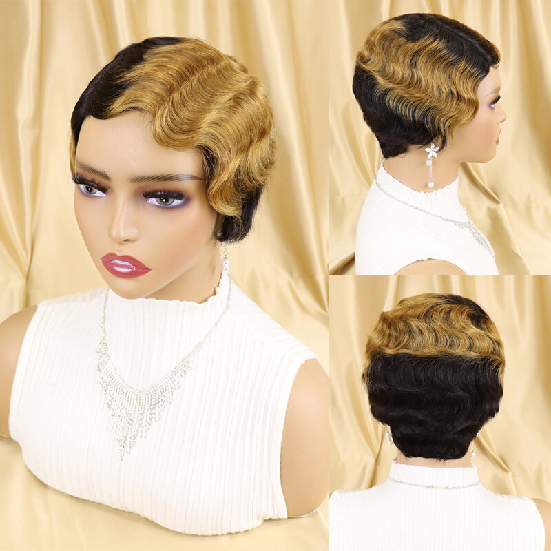 Wig Rambut Manusia Potongan Pixie Pendek Brasil Gaya Rambut Gelombang Jari untuk Wanita Kulit Hitam Wig Murah Lucu Wig Buatan Mesin Penuh Remy