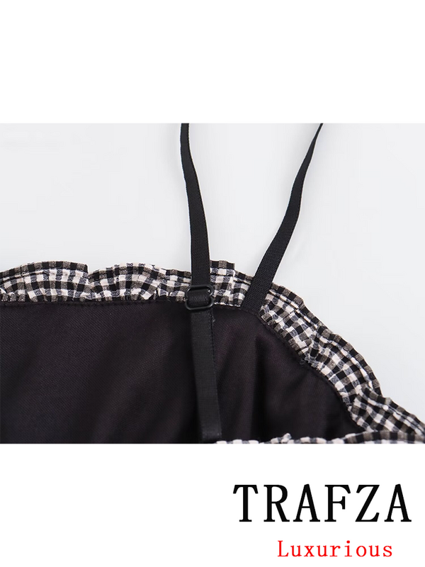 TRAFZA-Mini vestido xadrez feminino sem mangas, Vintage Casual, Chique, Sexy, Nova Moda, Verão, Feminino, 2024