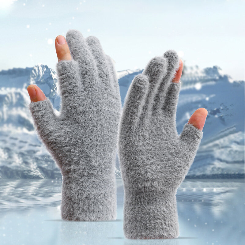 1 Pair Autumn Winter Fashion Warm Dew Men Women Writing Student Gloves Imitation Mink Plus Velvet Thickened Coldproof Mittens