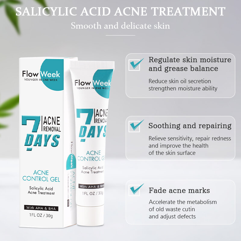 Flow week Salicylic Acid Acne Treatment Gel Tea Tree Pimple Spots Removal Face Cream Anti-Acne Whitening Cream Skin Care