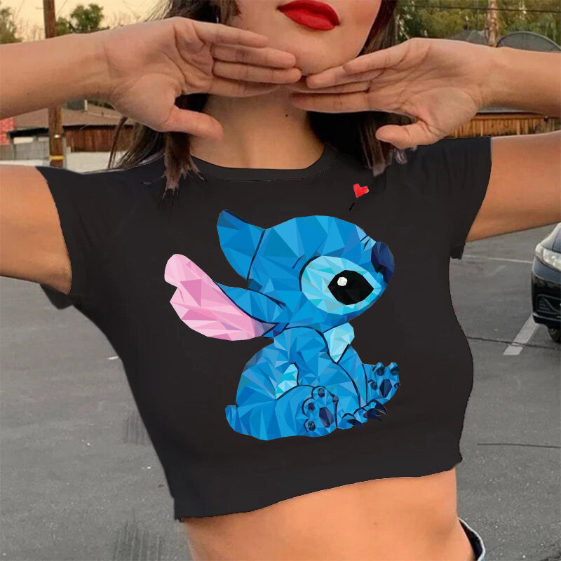 Disney-Women's Lilo and Stitch Funny T-Shirt, T gráfico cortado, Streetwear feminino, Top Recortado, Gótico, Novo
