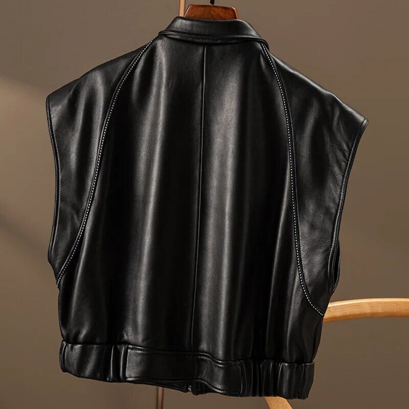 2023 Genuine Leather Vest Autumn and Winter New Sheepskin Sleeveless Casual Standing Neck Zipper Waist Tank Top for Women