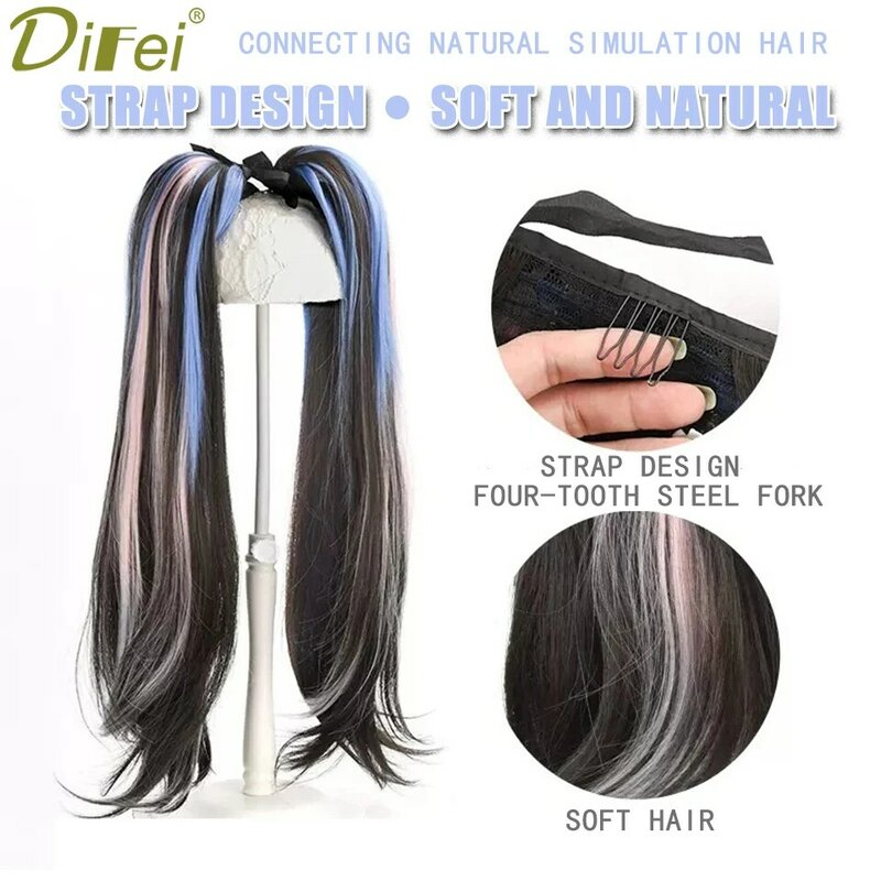 Synthetic Wig Ponytail Children's Long Straight Hair Ponytail Lace-up Natural Black Highlights Gradient Smooth Ponytail Wig