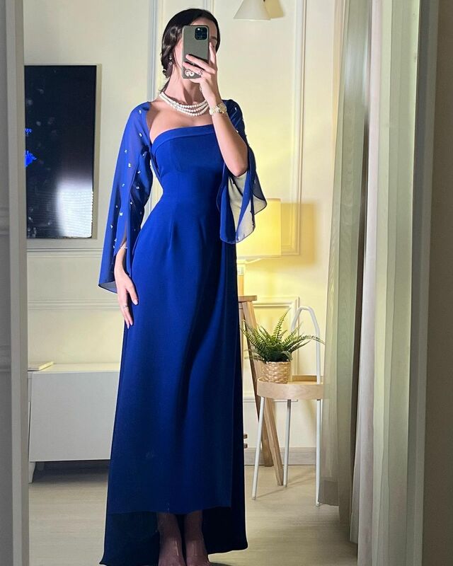 Koendye Royal Blue Beaded Chiffon Long Sleeves Jackets Prom Dresses Strapless Evening Party Special Weddings A Line Gowns 2024