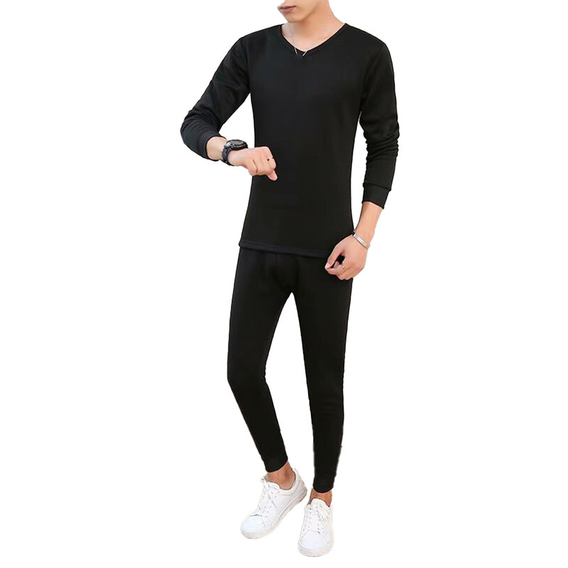 Men Winter Thermal Underwear Set Warm Ultra-Soft V Neck Long Johns Top Thick Bottom Trousers Solid Sleepwear Casual Homewear