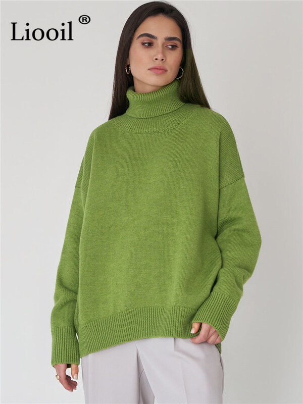 Вязаный свитер Liooil с высоким воротником, женские пуловеры, вязаные топы с длинным рукавом, женский джемпер, уличная одежда на осень и зиму, Мешковатые Свитера
