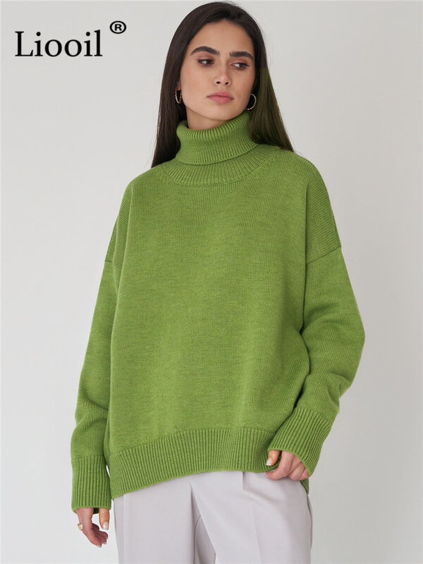 Liooil Stricken Rollkragen Pullover Frauen Pullover Langarm Stricken Tops Weibliche Jumper Herbst Winter Street Baggy Pullover