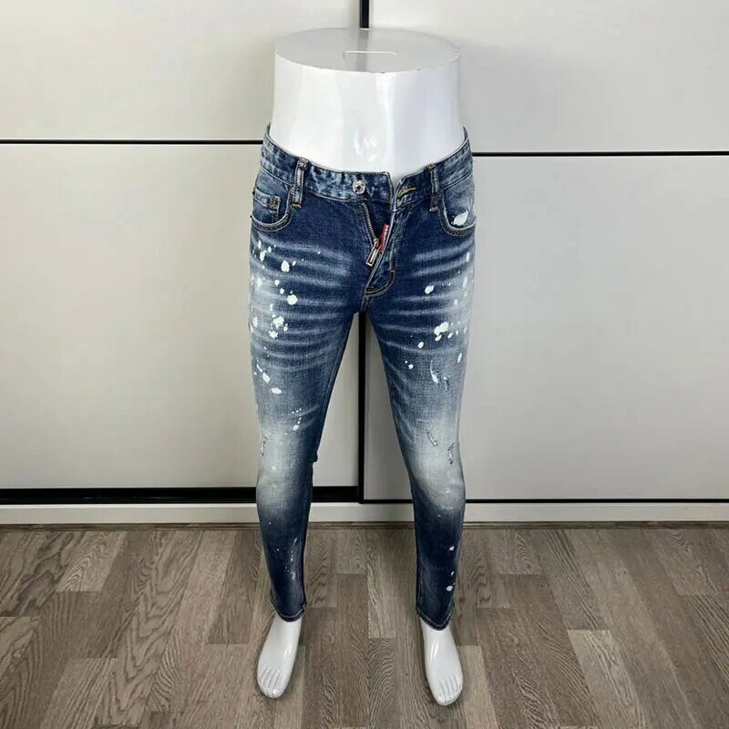 Street Fashion Jeans Hoge Kwaliteit Retro Blauw Elastische Slim Fit Vintage Gescheurde Jeans Mannen Geschilderd Designer Merk Broek Hombre
