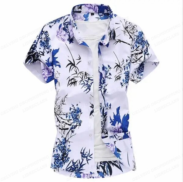 남성용 꽃무늬 하와이안 셔츠, 반팔 셔츠, 플라워 블라우스, 턴오버 칼라, 캐주얼 라펠, 남성 의류, 여름 패션