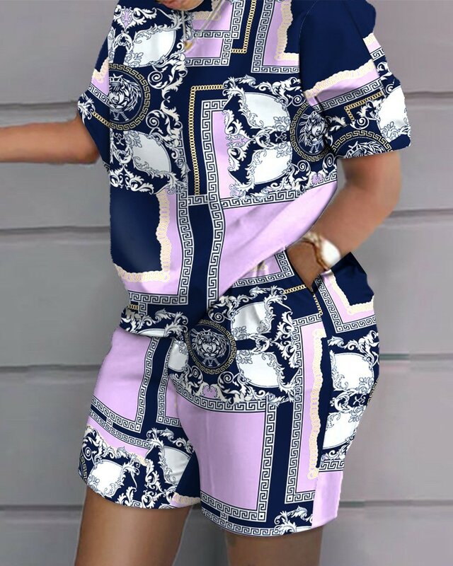 Женский Повседневный комплект из двух предметов, футболка с коротким рукавом и шорты с цветным принтом, винтажная модель 2024, MsChuh