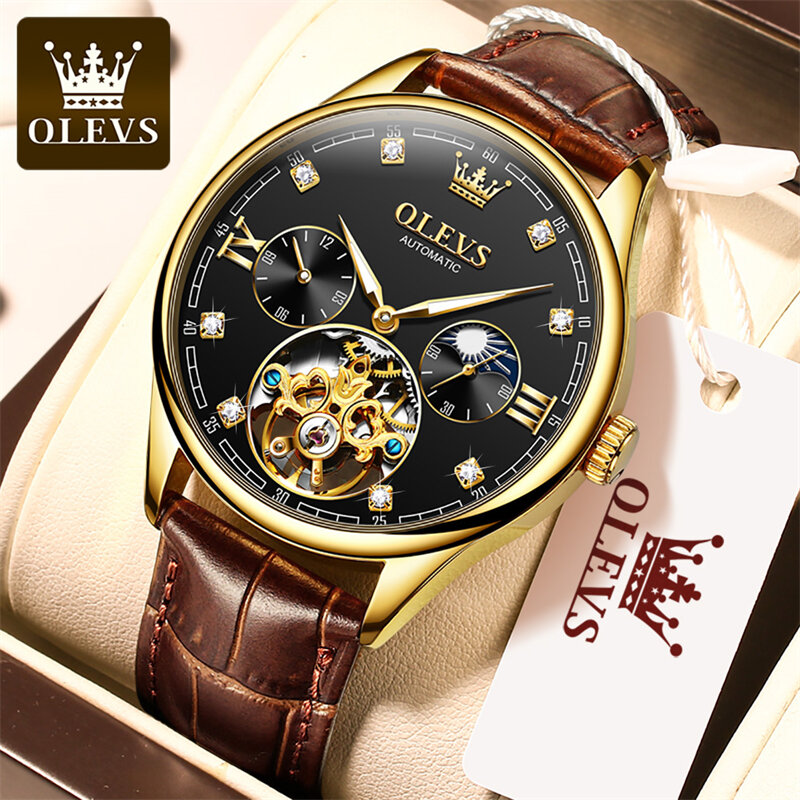 OLEVS jam tangan mekanis pria, jam tangan fase bulan berlian mewah tahan air tali kulit Tourbillon mode baru