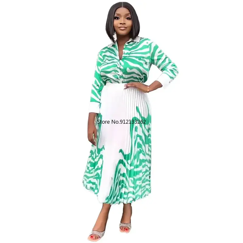 Afrikaanse Kleding Voor Vrouwen Zomer Mode Afrikaanse Vrouwen Lange Mouwen Polyester Twee Stukken Sets Top En Rok Afrikaanse Sets
