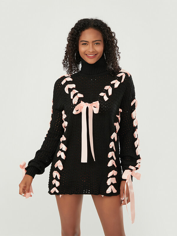 Sweater rajut wanita, Turtleneck lengan panjang warna kontras Tie-up Pullover hangat untuk musim gugur musim dingin