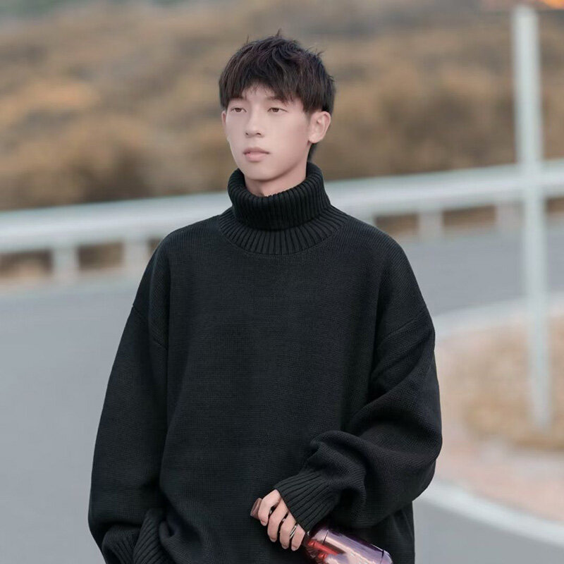 남성용 따뜻한 하이 칼라 풀오버 스웨터, 한국 패션, 캐주얼, 멋지고 심플한 니트 스웨터, 남성 두꺼운 스웨터, 가을, 겨울