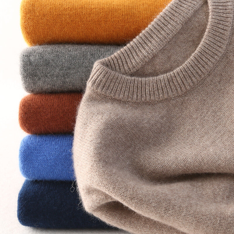 Suéter de algodón de Cachemira para hombre, jersey de punto con cuello redondo, bata de otoño e invierno, 2022