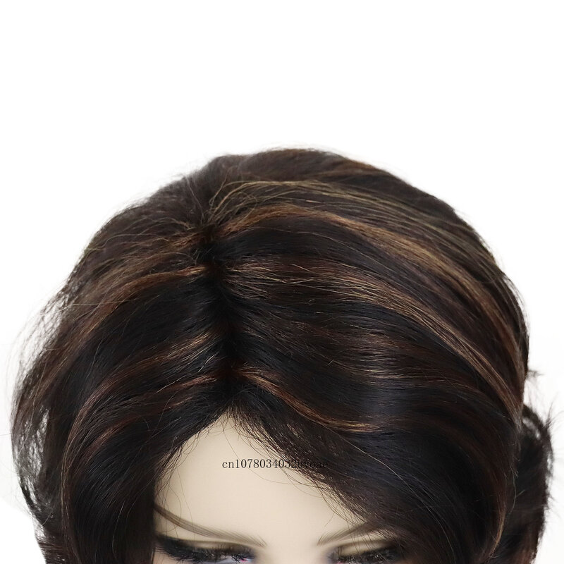Synthetic Natural Wig for Women Medium Hair Brown Color Fashion Hairstyle Curly Wig Bob Mommy Wig Highlight with Side Bangs Lady