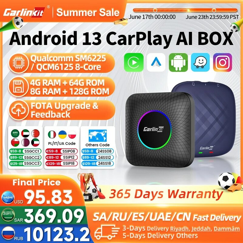 2024 CarlinKit CarPlay AI Box Android 13 SM6225 QCM6125 8-Core Android Auto Wireless CarPlay Adattatore WiFi 4GLTE Connect GPS 64G 128G FOTA Aggiornamento per auto CarPlay cablate