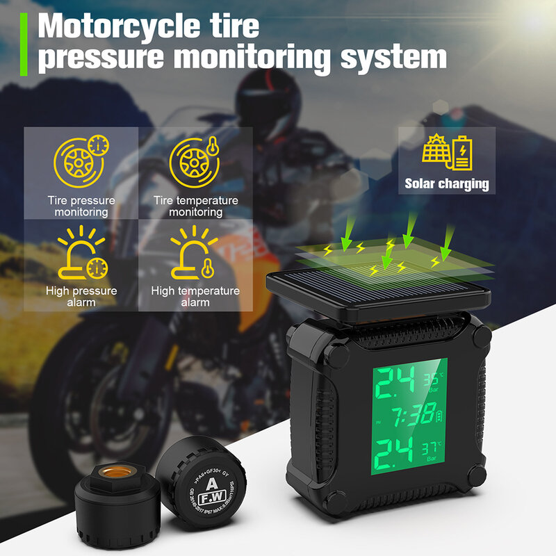 Solar Powered Motorcycle Tire Pressure Monitoring System, Tyre Tester, Alarme Warning Pit, Motorbike Acessórios, 2 Sensores, TPMS