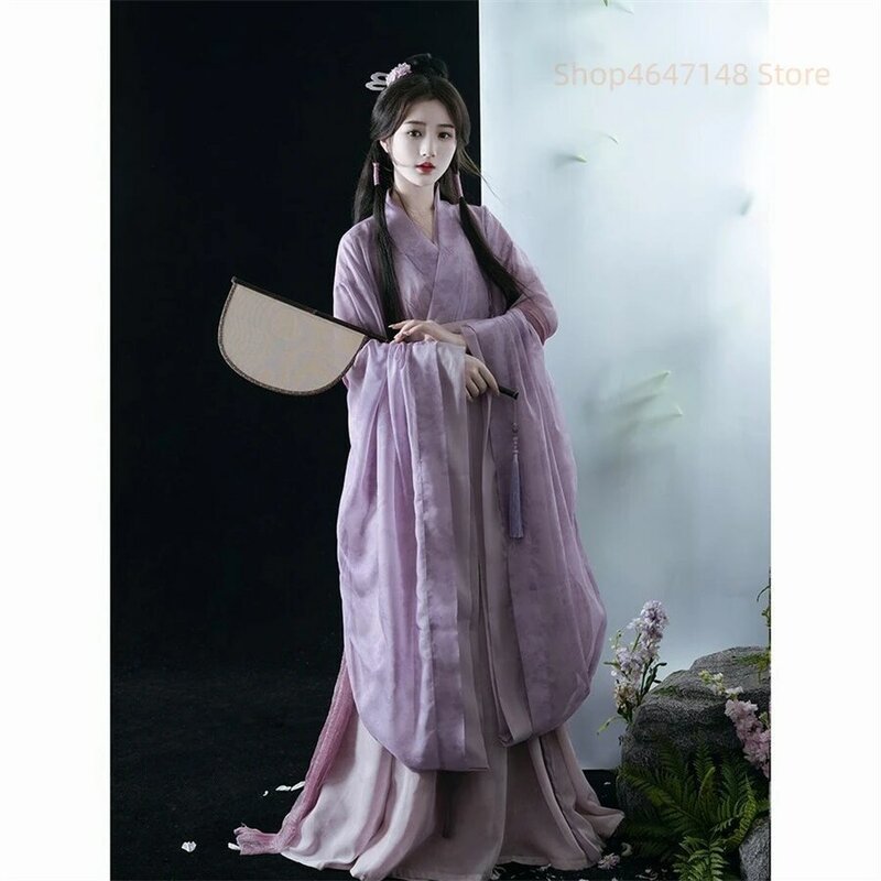 Hanfu kostum Cosplay Halloween wanita, baju dansa panggung Cina tradisional kuno, baju ungu Hanfu ukuran besar