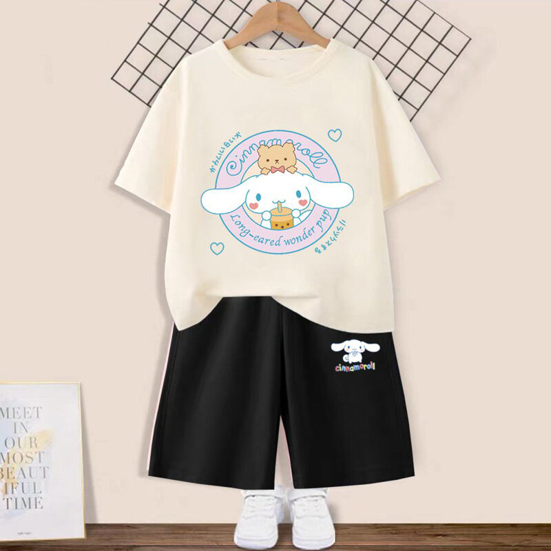 Sanrio-女の子と男の子のためのTシャツとショーツのセット,半袖の漫画の服,カジュアルな男の子のスポーツウェア,子供のためのギフト
