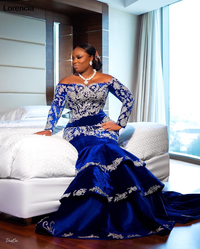 LorstudAfrican-Robe de Rhsirène bleu royal, manches longues, velours à plusieurs niveaux Aso Ebi, occasion formelle, robe de soirée, YPD18, 123
