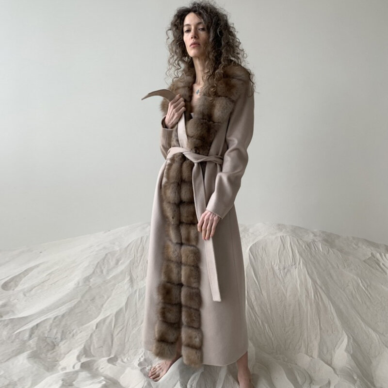 Echt fuchs Pelzmantel Kaschmir Wolle Mäntel für Frauen Winter lange Jacken Luxus hohe Qualität 2024