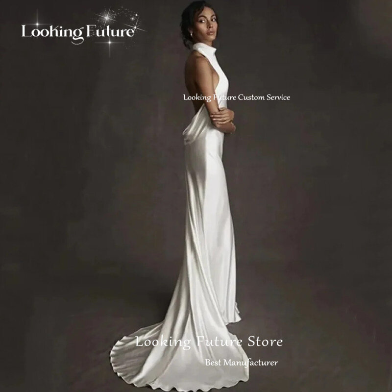 Robe de mariée sirène blanche simple, sexy, dos nu, robe à licou pour patients, élégante, longueur au sol, 2024