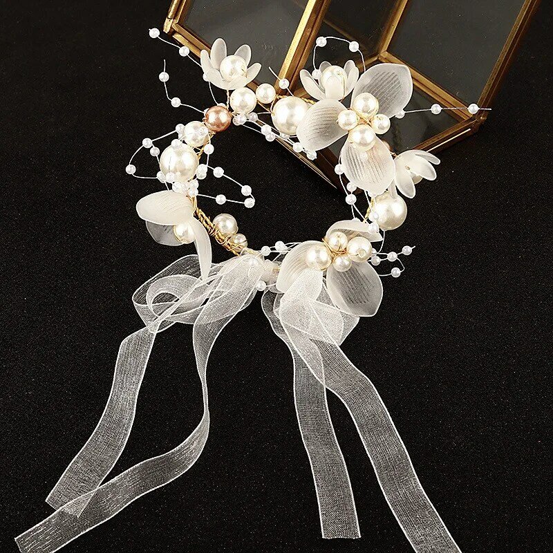 Ramillete de cristal de perlas de flores de muñeca para dama de honor para niños, pulseras de boda de novia hermosa, joyería para niñas