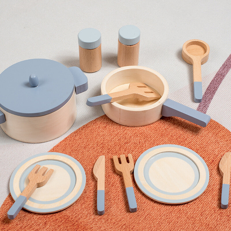 Holz Mini Küche Kochgeschirr Topf Pfanne Koch so tun, als spielen pädagogische Hauss pielzeug für Kinder Simulation Küchen utensilien Mädchen Spielzeug
