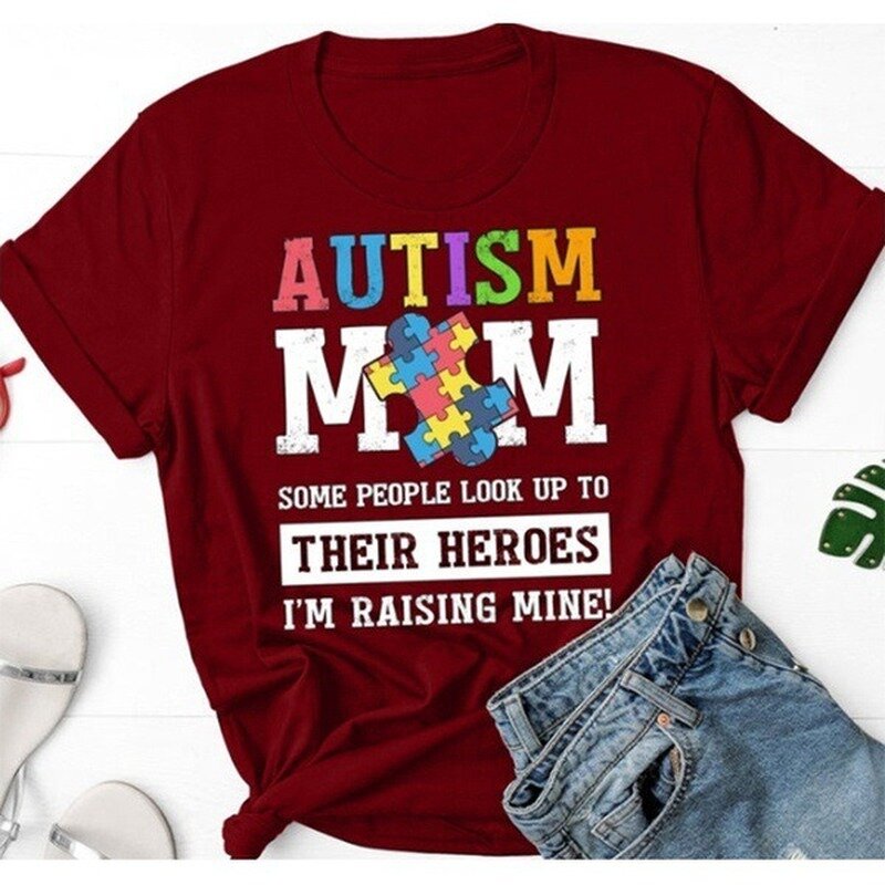 T-shirt de manga curta com a mãe e impressão do autismo para as mulheres, gola redonda, top solto, verão