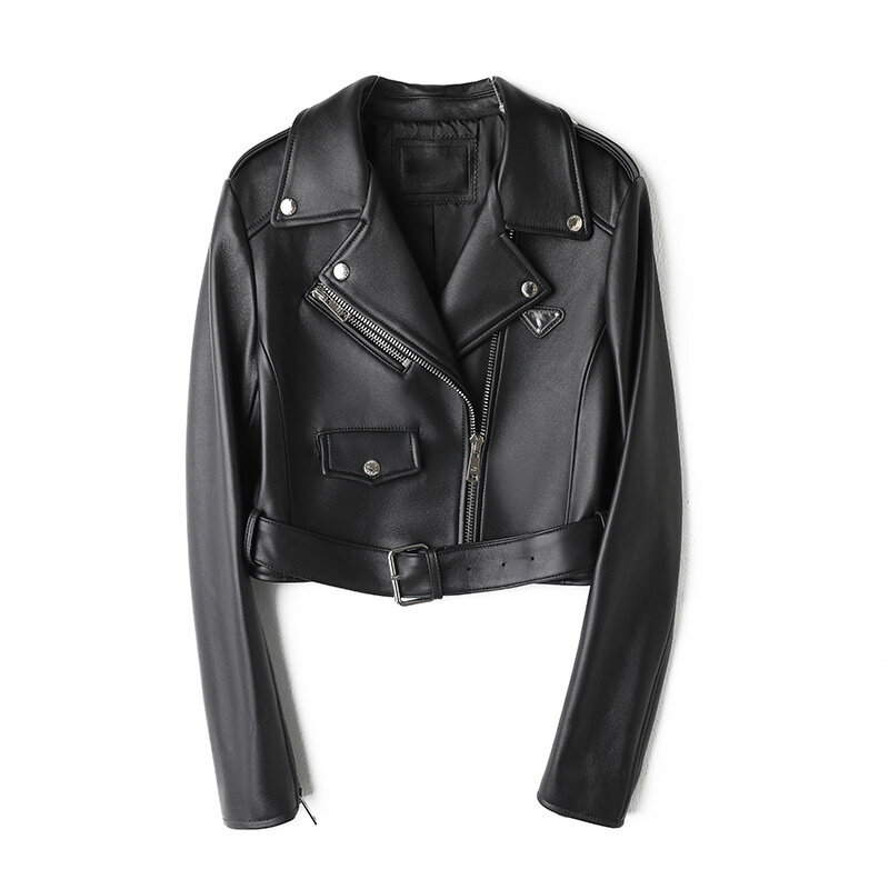 Jaqueta de motocicleta de couro genuíno feminino, jaqueta curta de pele de cordeiro preta, nova para primavera e outono