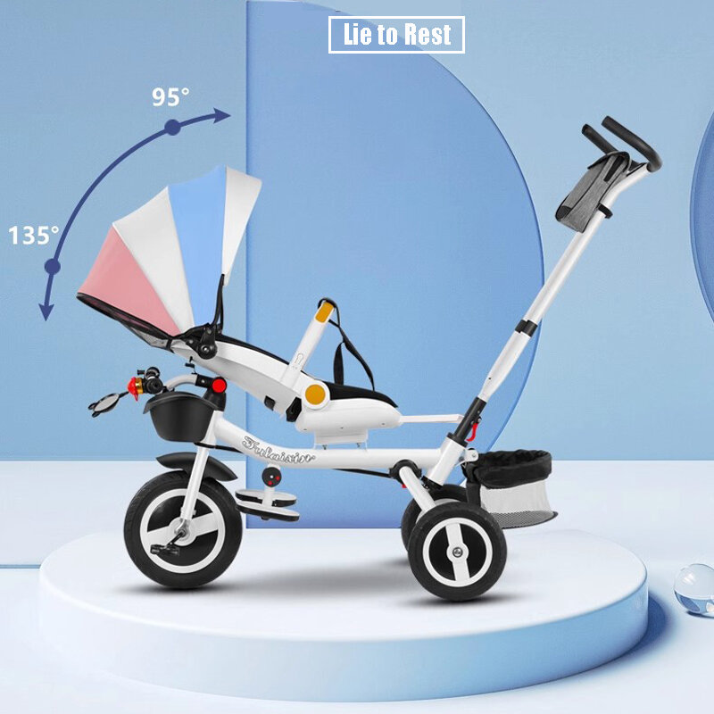 دراجة ثلاثية العجلات للأطفال متعددة الوظائف مع لوحة طعام قابلة للإزالة ومقعد دوار ويمكن الاستلقاء للراحة كما في الخارج