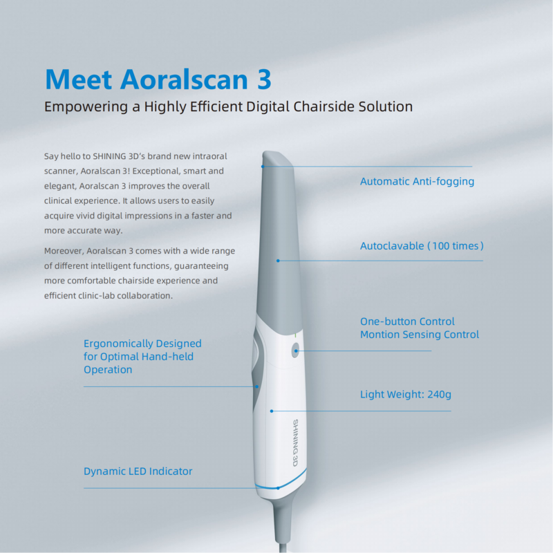 3D Dental Aoralscan 3 Scanner Intraoral, Brilhante, CE Aprovado, Dispositivo de Impressão Digital com Poderoso Processo AI