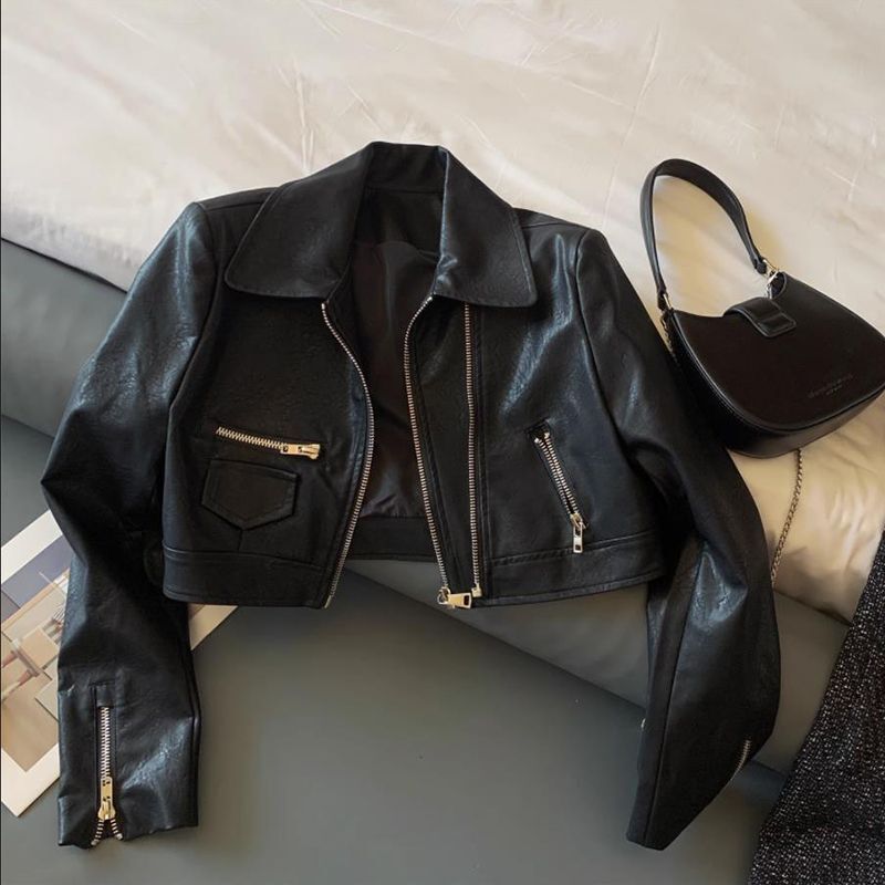Leather Jacket Punk Cropped Black Zipper Women Outerwear Moto Biker Leather Jacket Casual High Street Irregular Leather Coat New