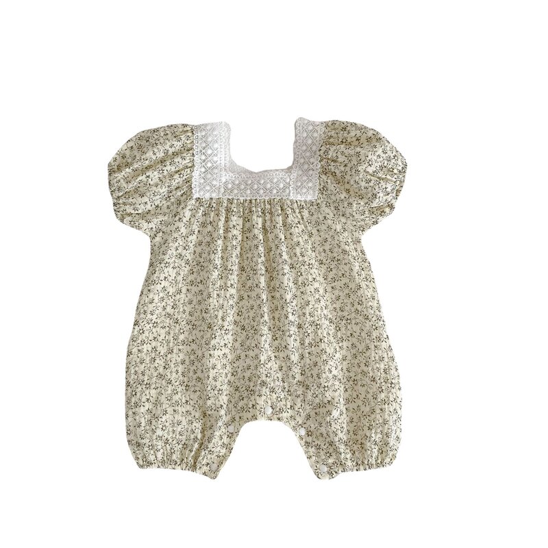 Pakaian luar Romper anak-anak bayi perempuan, jumpsuit bayi baru lahir katun lengan pendek bunga renda tambal sulam, pakaian luar ruangan musim panas