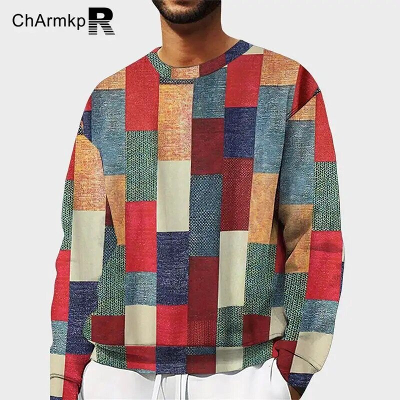 ChArmkpR Fashion 2024 Spring Autumn Men Hoodies Sweatshirts Long Sleeve Patchwork Crew Neck Loose Pullover Tops Streetwear