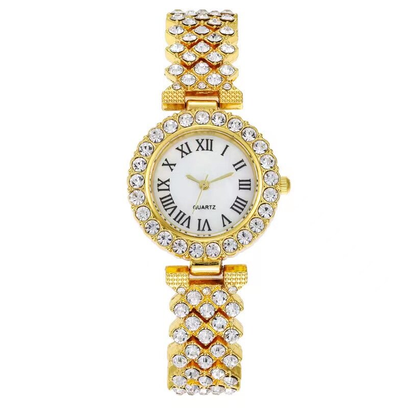 WOKAI wysokiej jakości mody dorywczo pełna diament luksusowe stal z różowego złota zespół panie kwarcowy zegarek ślub panny młodej staromodny zegar