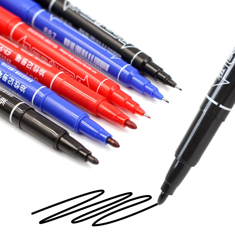 듀얼 팁 펜촉 마커, 검정 파랑 빨강 유성 만화 아트 마커 펜, 학생 학교 사무실 문구, 0.5 1.0mm, 세트 당 3 개