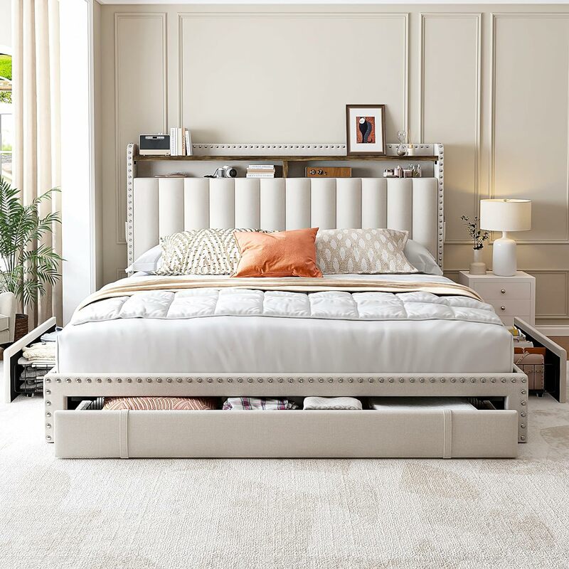 Marco de cama con 3 cajones, tapizado, tamaño Queen, King y Full, con cabecero y almacenamiento, sin ruido, fácil montaje