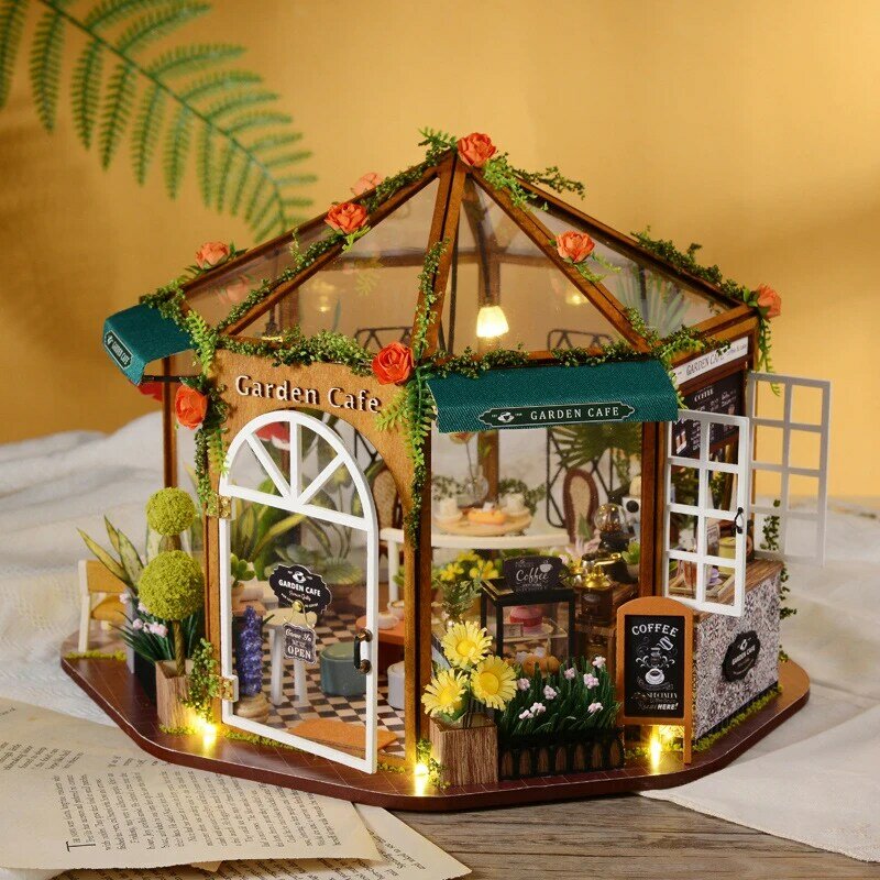 Casa de bonecas de madeira com luzes para móveis, casa de chá e café, Villa para meninas, presentes de aniversário