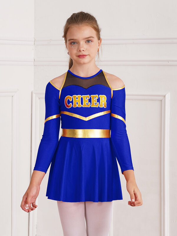 Kostum pemandu sorak anak perempuan, seragam Cheerleader Halloween lengan panjang gaun tari senam dengan Pom Pom Stocking ikat rambut